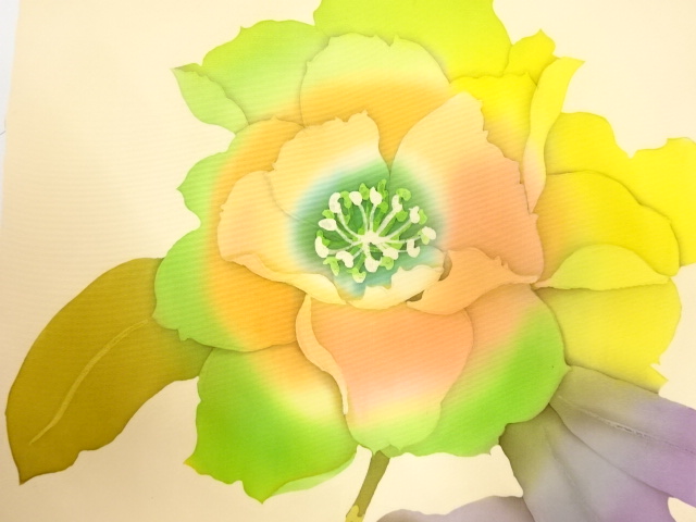 アンティーク　作家物　塩瀬　手描き　牡丹模様　名古屋帯